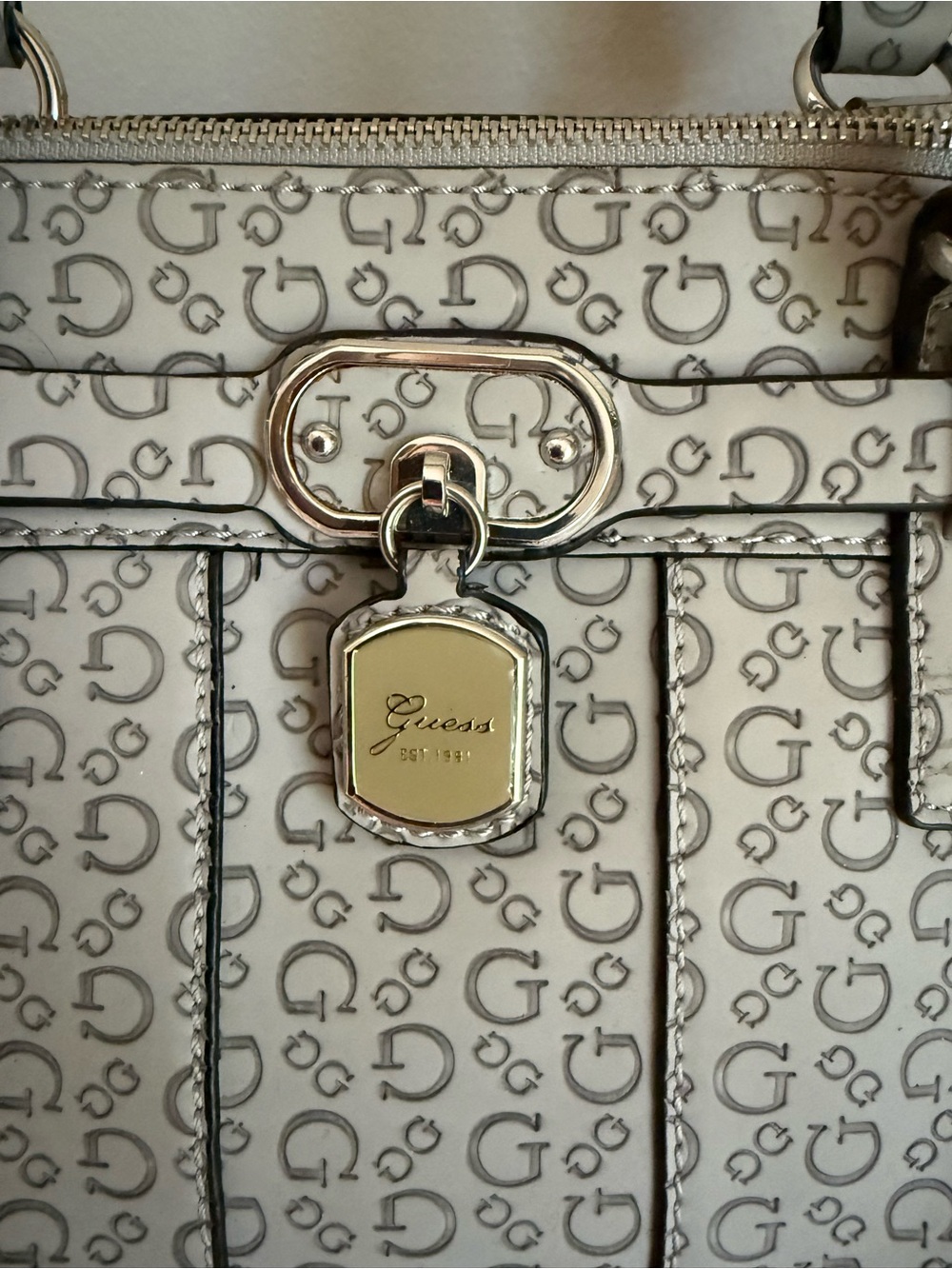 Guess White Tote with Silver-Gold Logo Charm